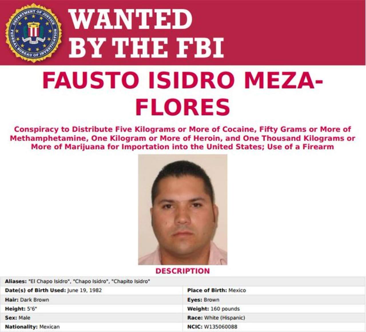 Ofrece FBI 5 mdd por información sobre Fausto Isidro Meza Flores