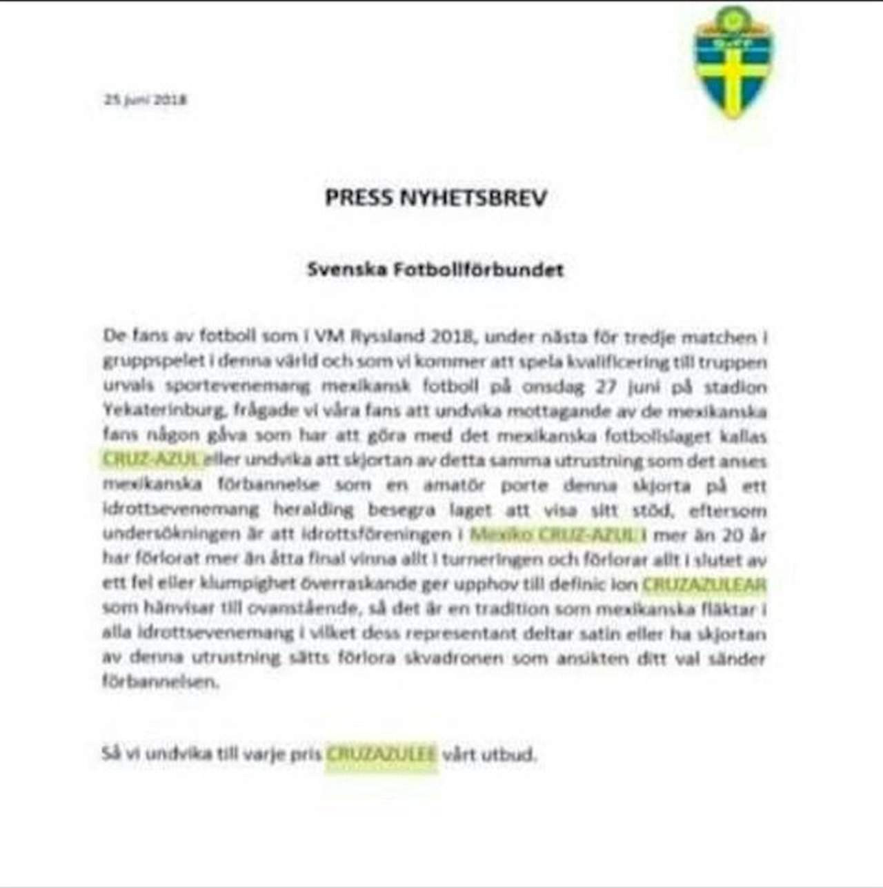 Falso, comunicado que prohíbe a suecos usar playera de Cruz Azul
