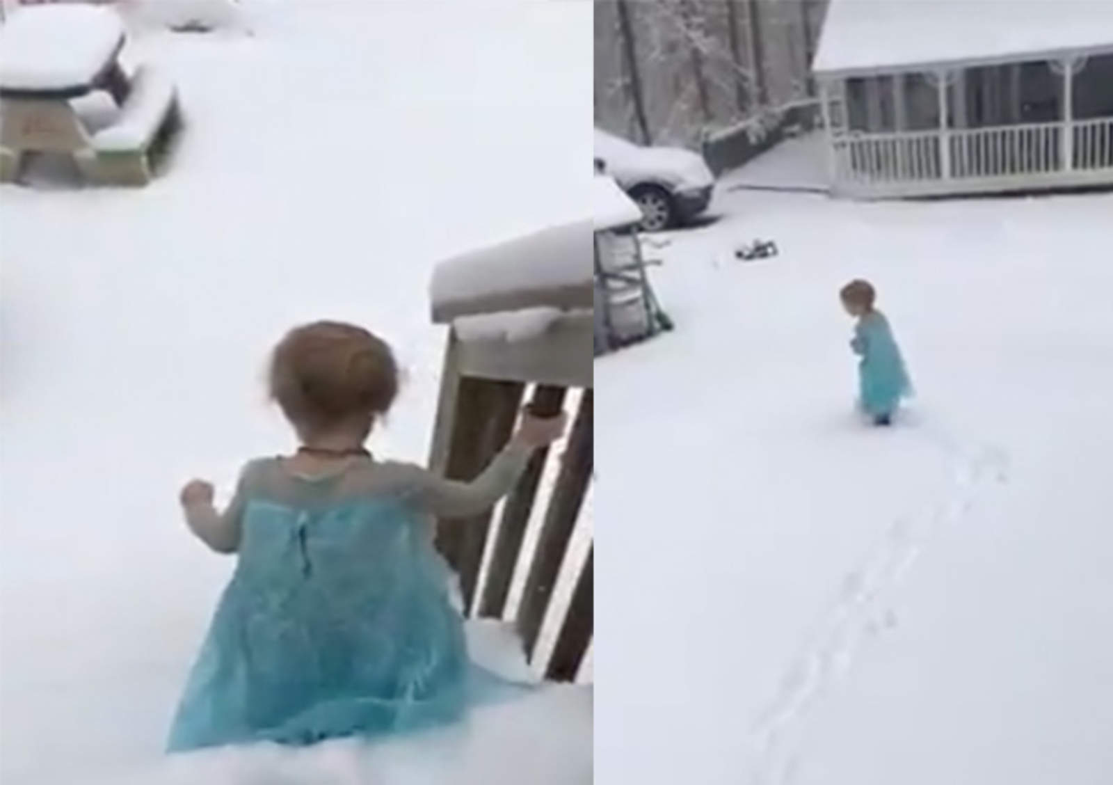 Bebé se divierte con vestido de Frozen en la nieve