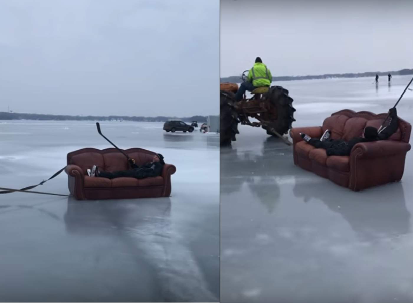 Usan un sofá para patinar sobre un lago congelado