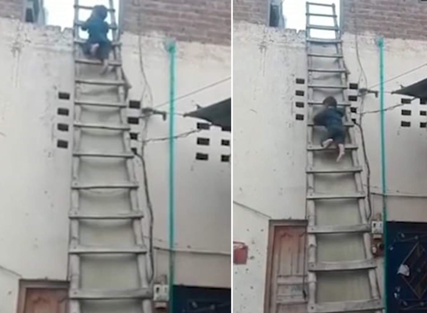 Niño se desliza de una escalera como si fuera resbaladilla