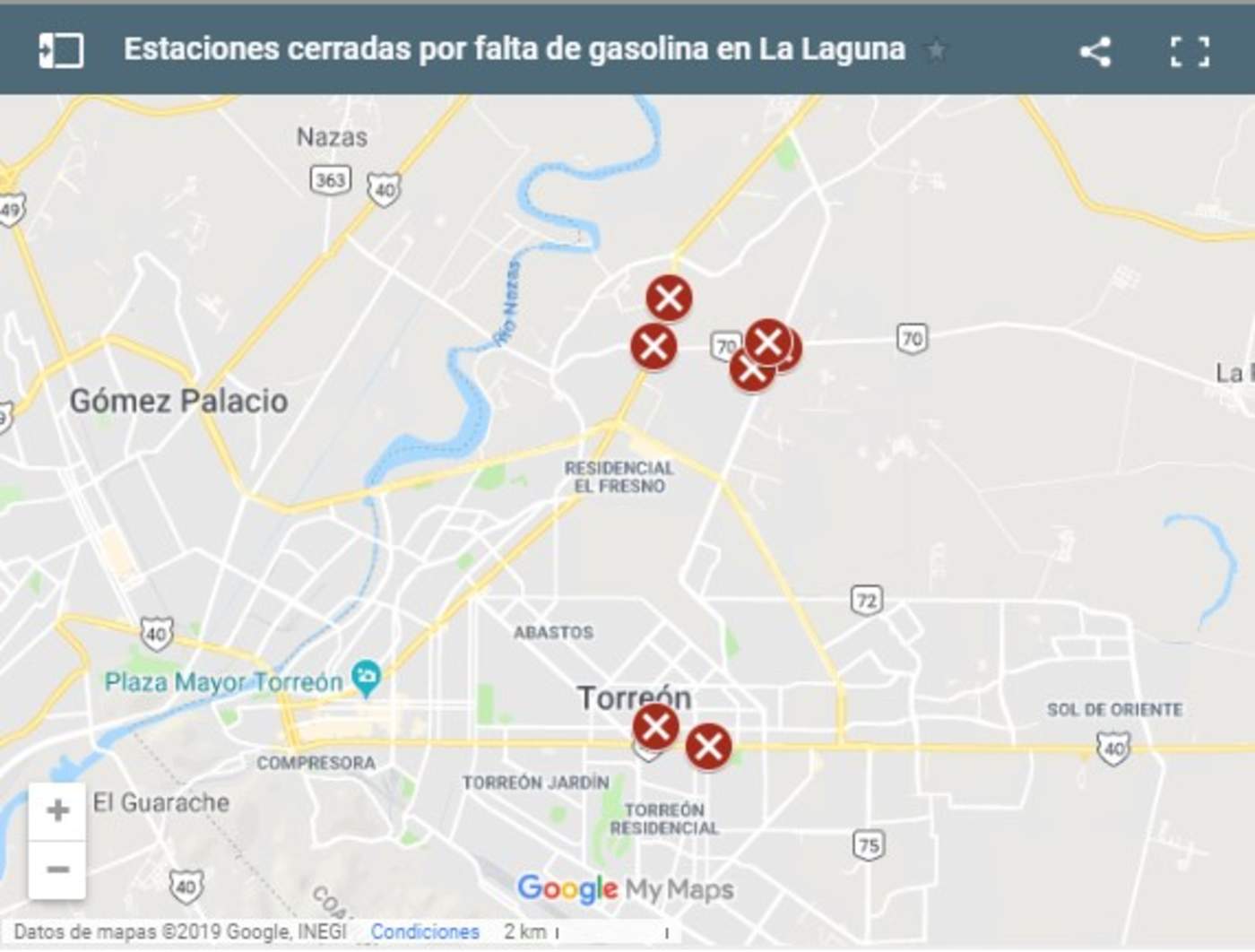 Mapa de gasolineras cerradas por falta de combustible en La Laguna
