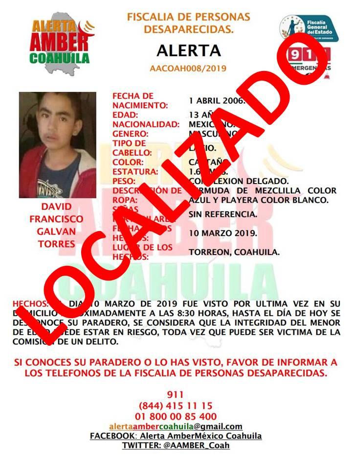 Localizan a menor desaparecido en Torreón
