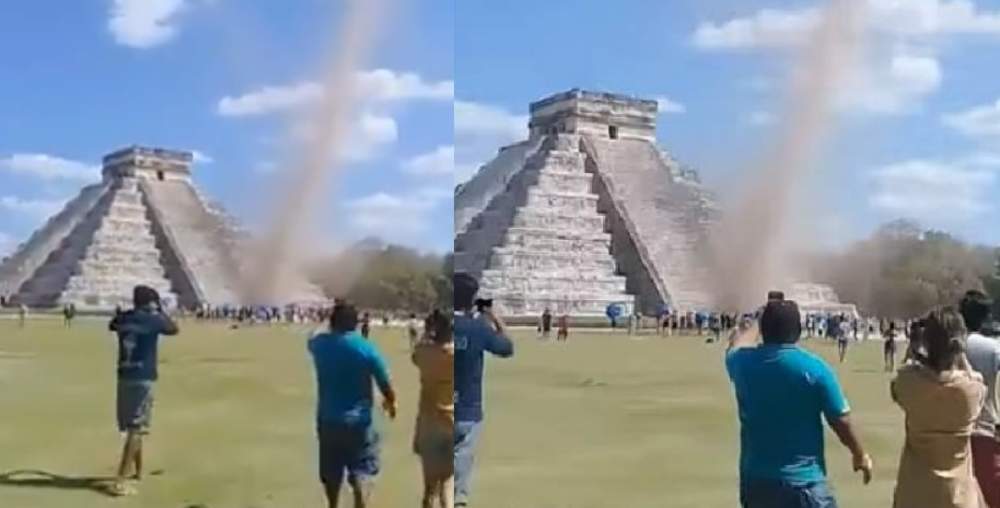 Torbellino sorprende a turistas en la pirámide de Chichén Itzá