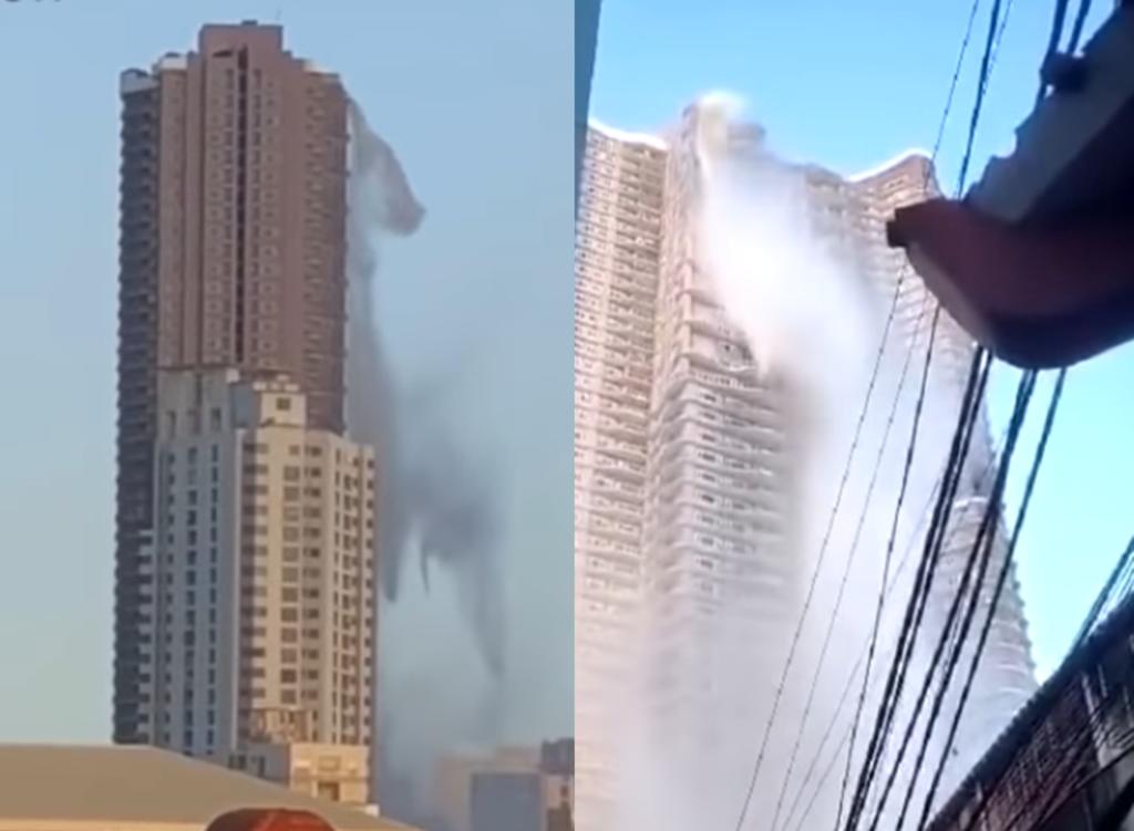 Alberca se convierte en cascada por sismo en Manila