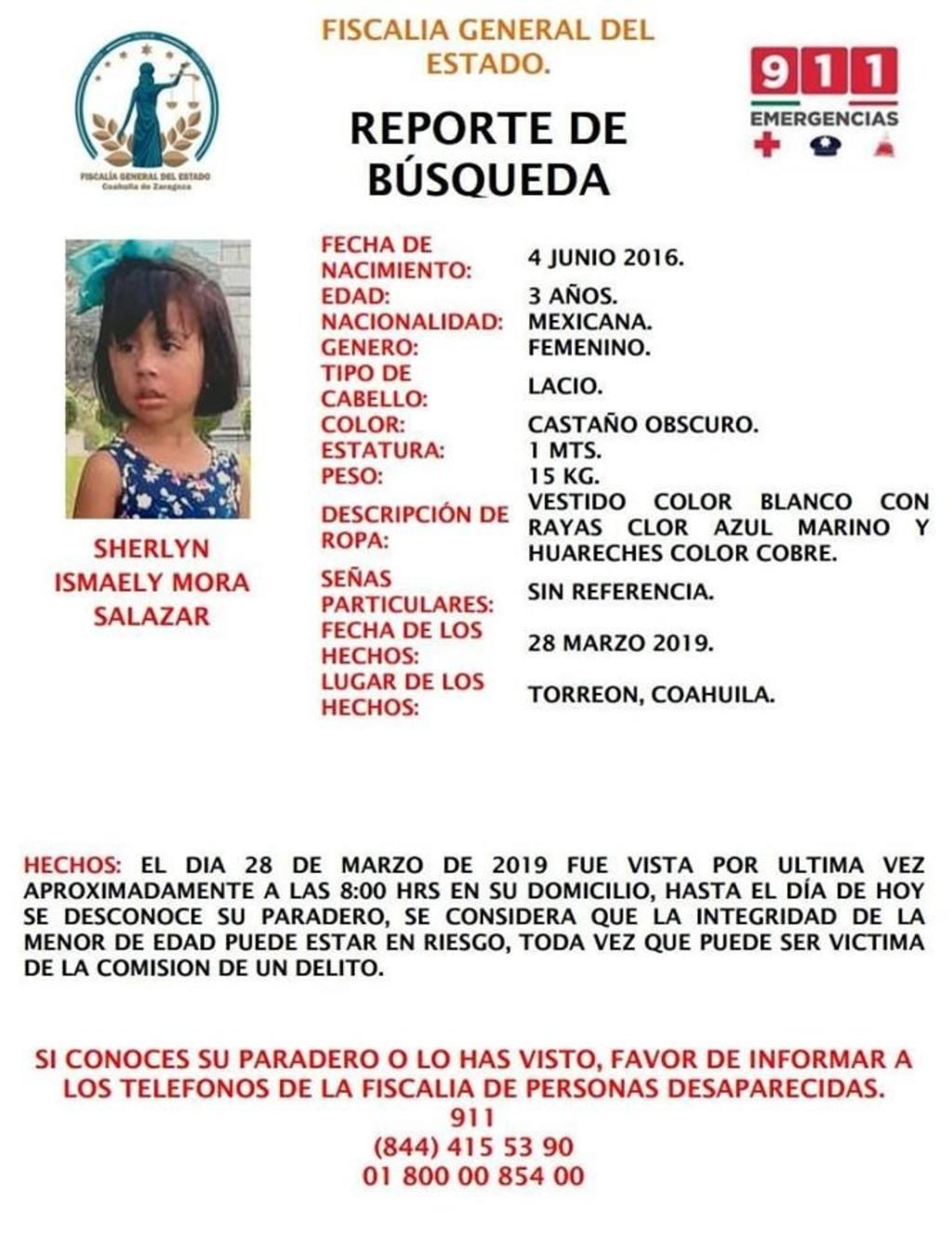 Reportan extravío de niña en Torreón; suma casi 15 días
