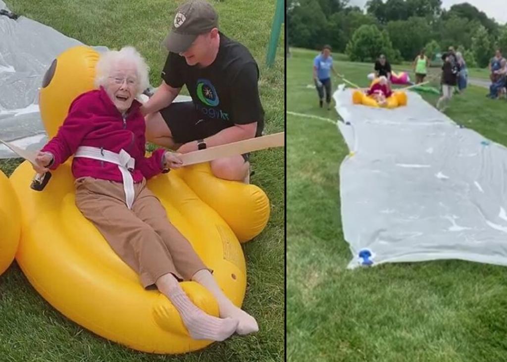 Tiene 94 años y se hace viral por deslizarse en un inflable