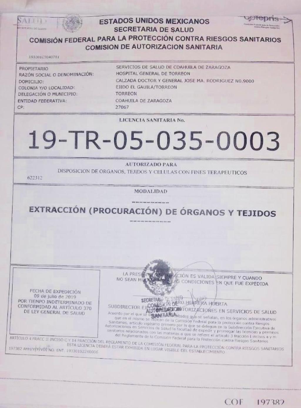 Hospital General de Torreón con licencia para procurar órganos
