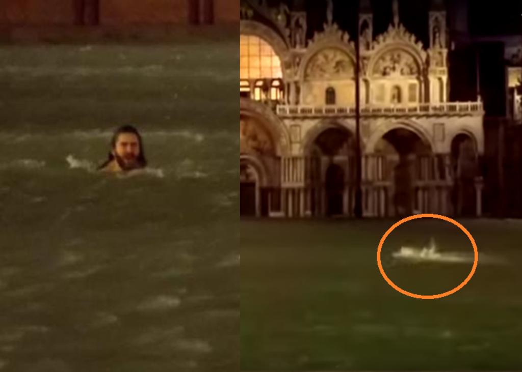 Hombre se pone a nadar en la plaza principal inundada de Venecia