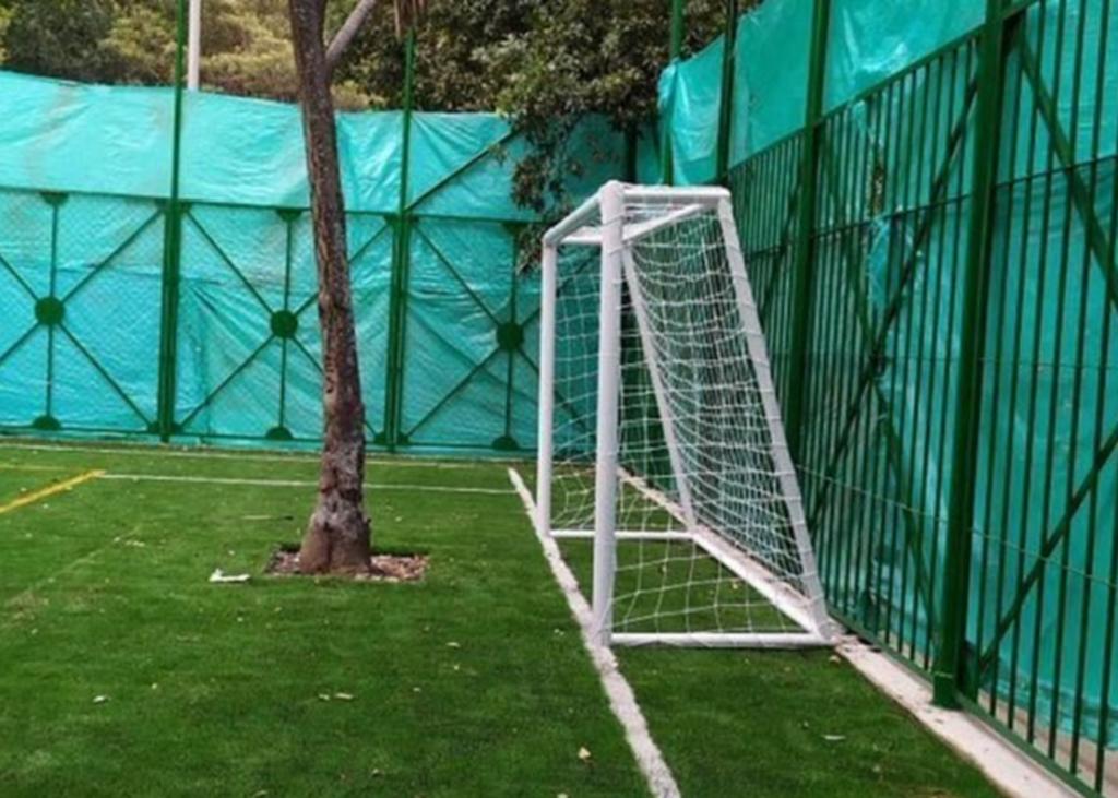Esta cancha de fútbol tiene árboles en lugar de porteros
