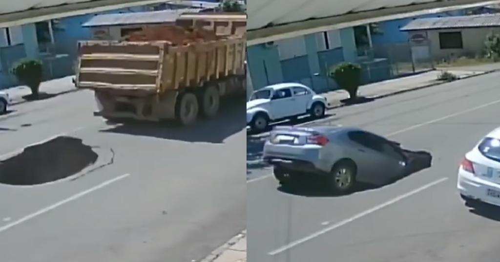 VIDEO: Carro es 'devorado' por un socavón que se abrió al pasar un camión
