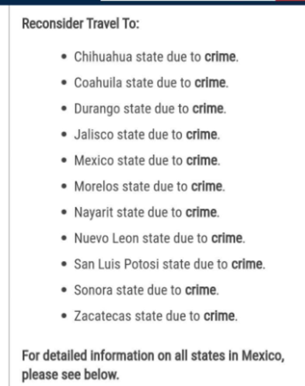 Alerta EU reconsiderar viajar a Coahuila y Durango