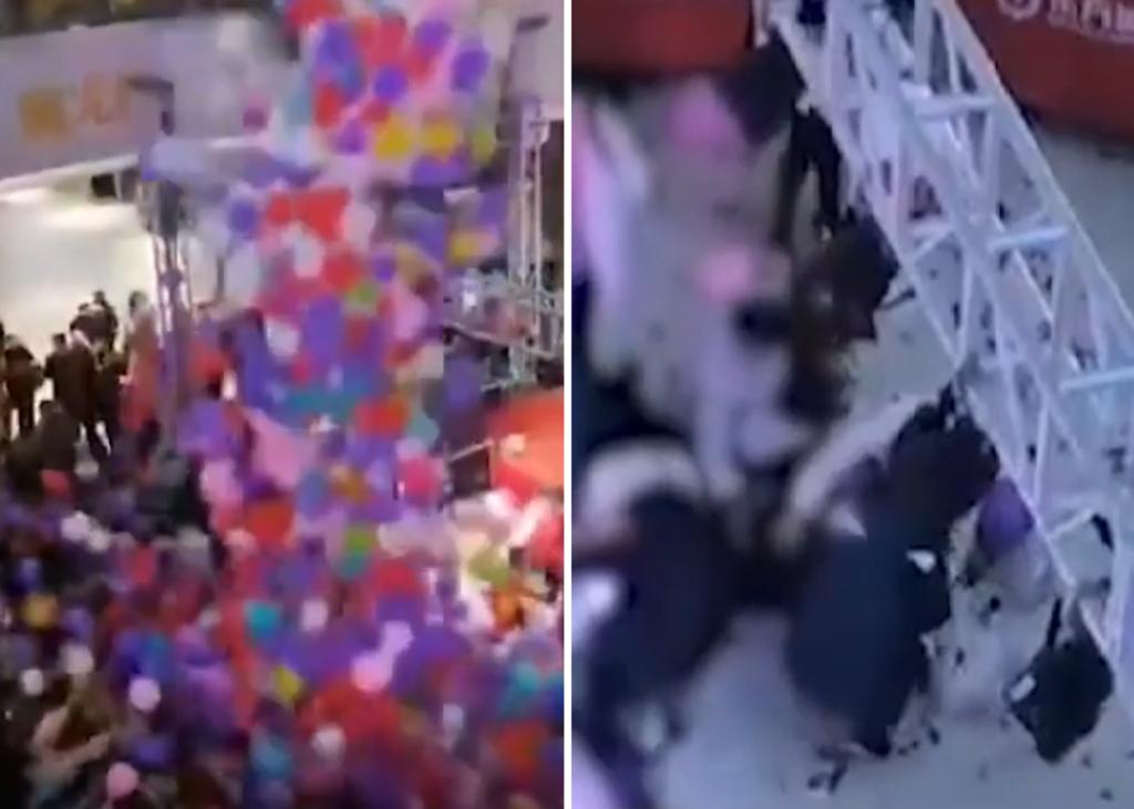 Viga de acero con globos cae en un centro comercial
