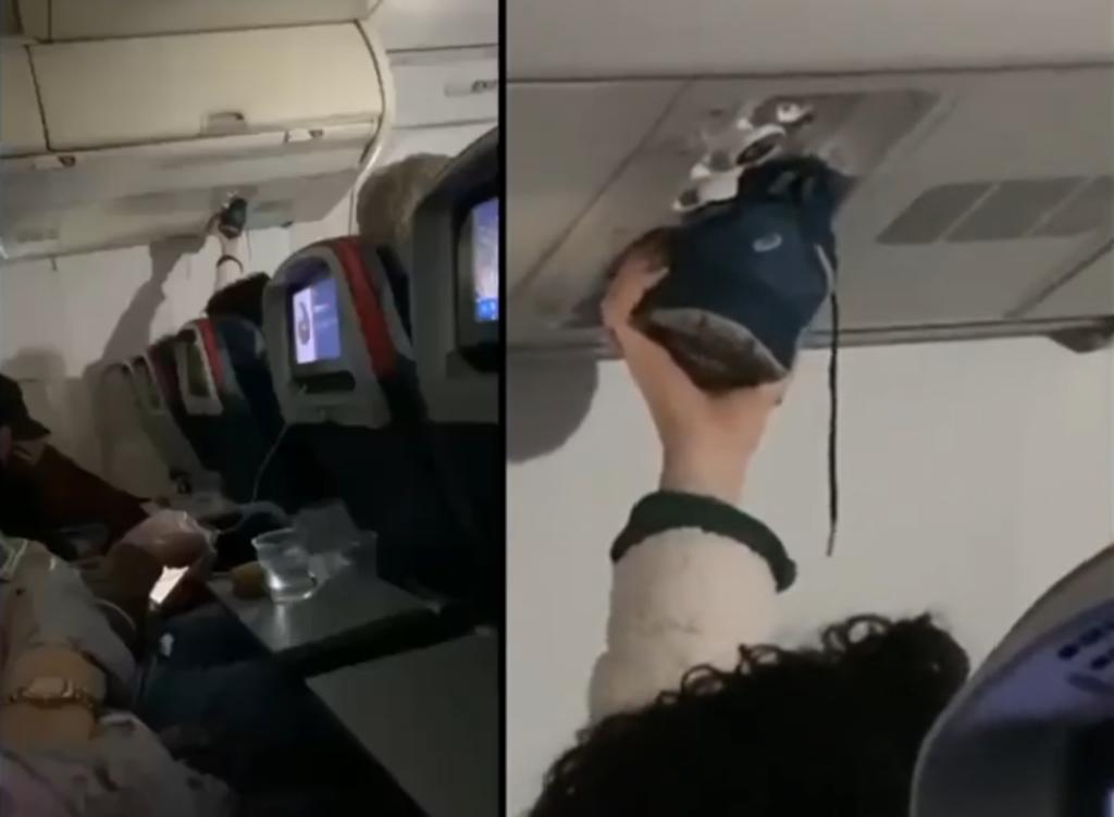 Pasajero de avión seca sus zapatos con la ventilación de aire