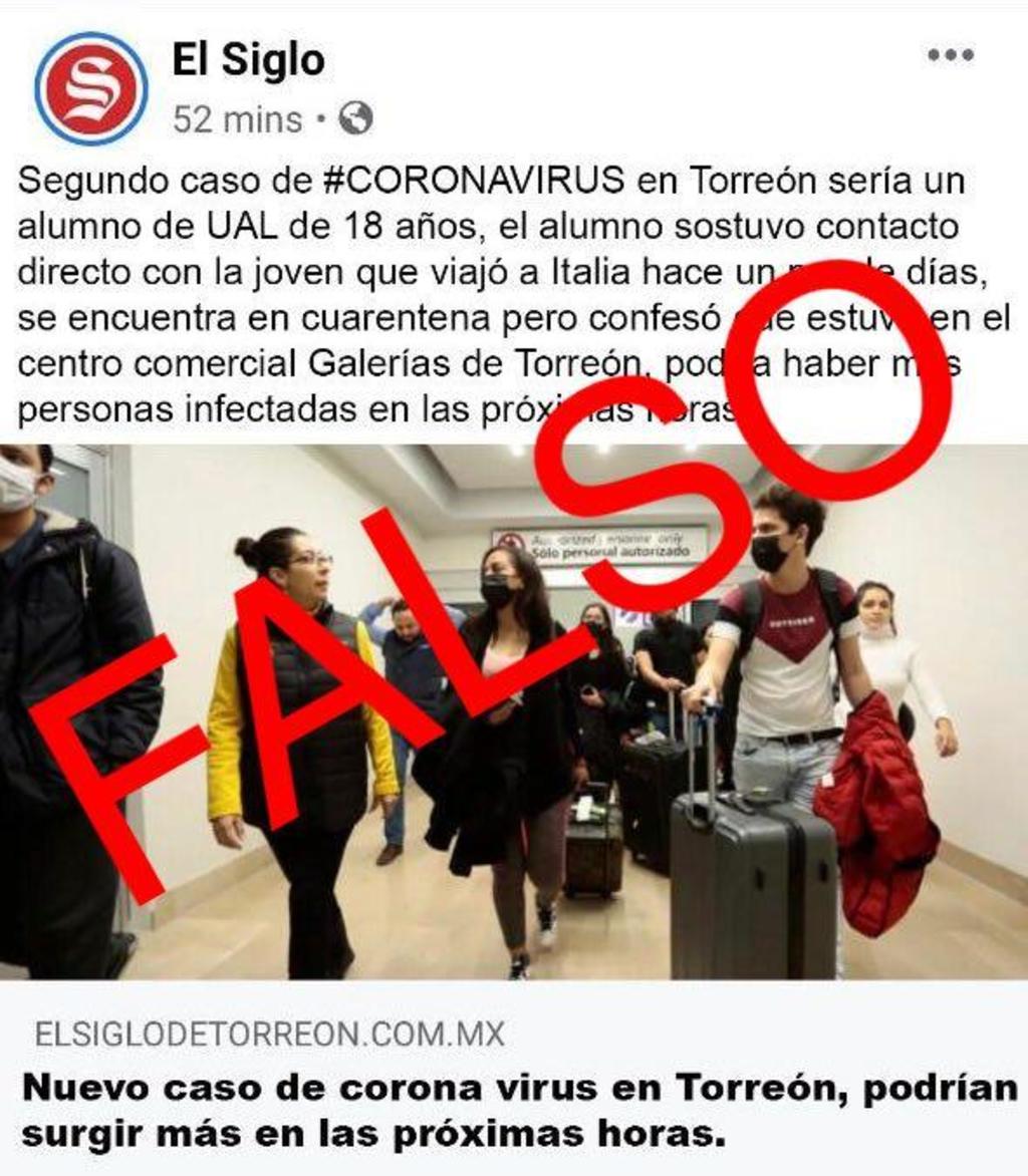 Publicación sobre segundo caso de coronavirus en Torreón es falsa