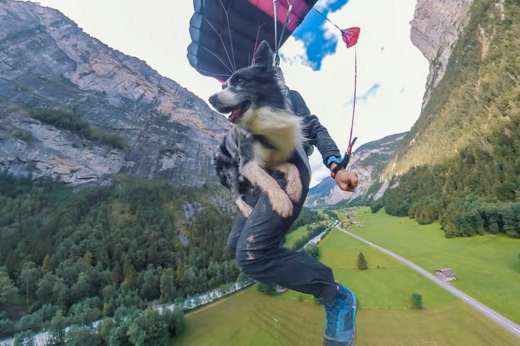 Hombre salta en paracaídas acompañado de su mascota