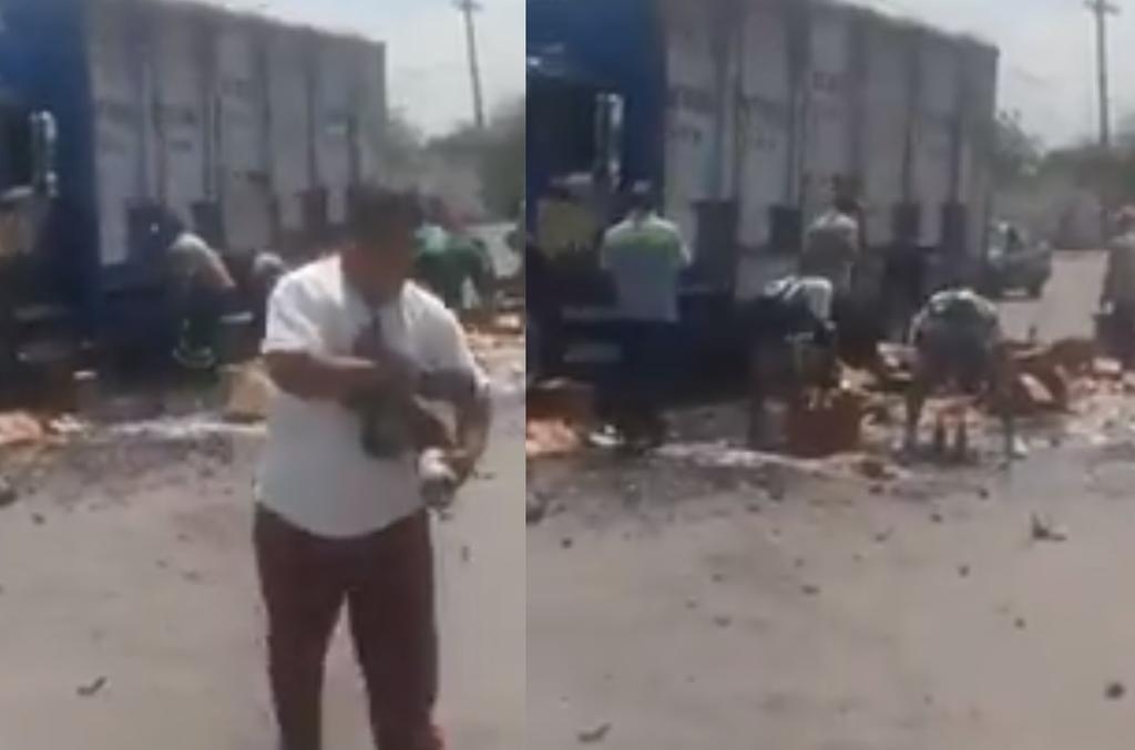 Captan rapiña de cerveza de camión que sufrió accidente en Nuevo León