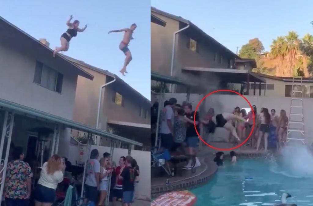 VIDEO: Mujer impacta contra techo al saltar desde el tejado a una piscina