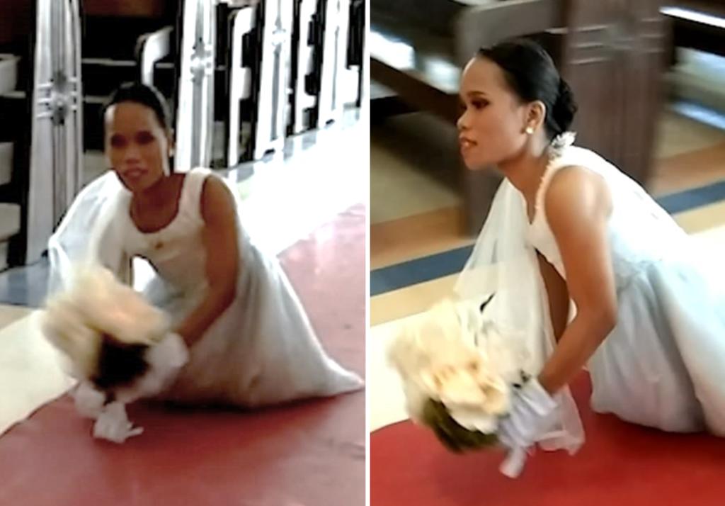 Mujer que nació sin piernas se vale por sí sola para entrar a la iglesia en su boda