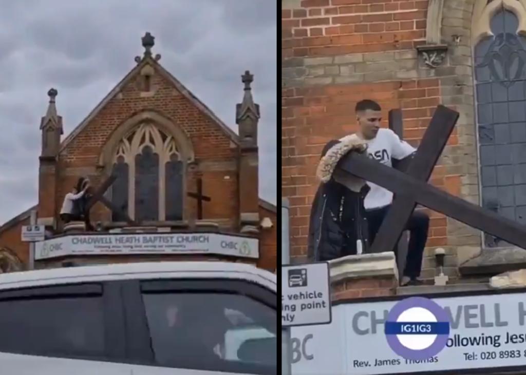 Hombre es visto intentando arrancar una cruz de una iglesia