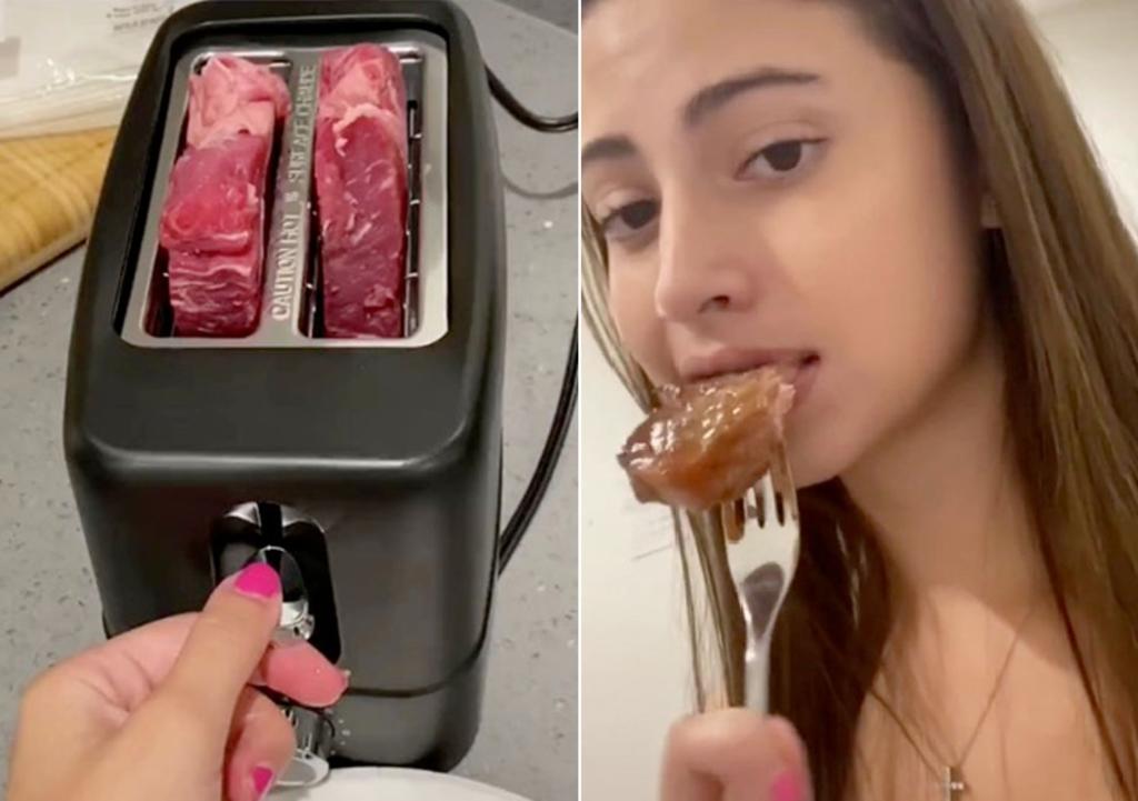 Mujer causa revuelo al cocinar bisteces de carne en una tostadora