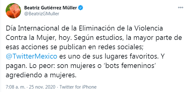 'Bots femeninos agreden a mujeres en Twitter', acusa Beatriz Gutiérrez Müller