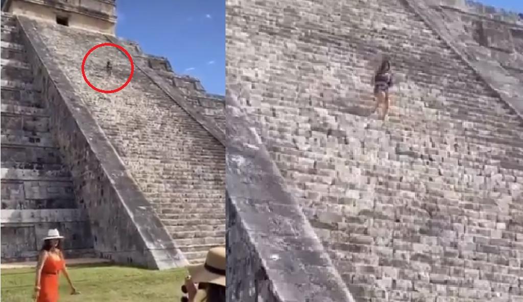 Mujer sube a la pirámide de Chichén Itza y esparce cenizas de su esposo