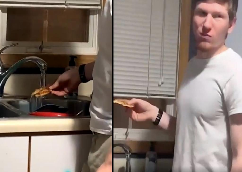 Hombre ‘lava’ la pizza antes de comerla y genera polémica