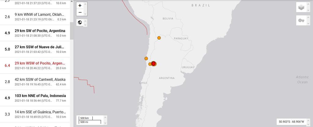 Sismo de magnitud 6.4 sacude a Argentina y Chile