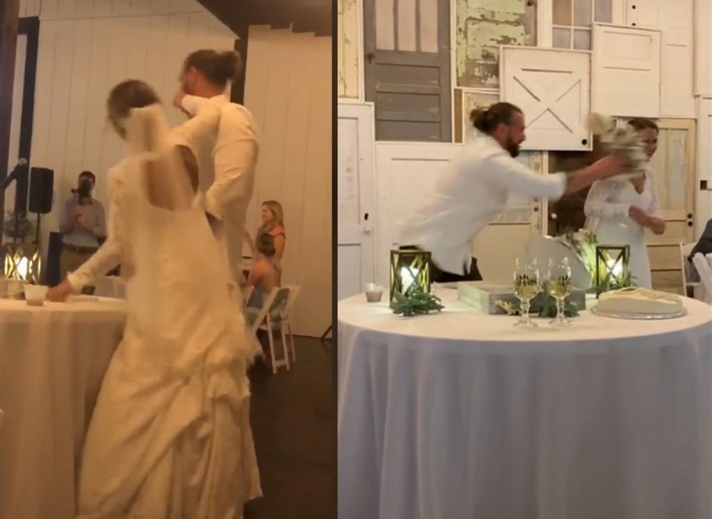 Recién casados se hacen virales al aventarse en la cara su pastel de bodas