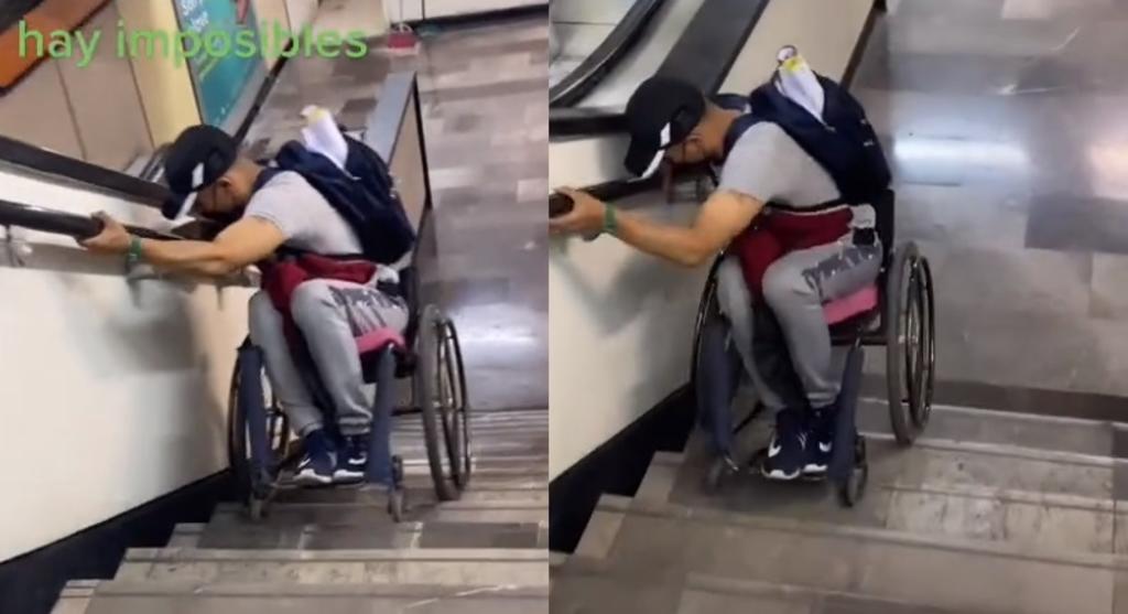 Hombre en sillas de ruedas 'sorprende' a la red al bajar las escaleras del metro de la CDMX