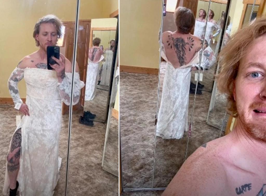 Hombre modela el vestido de novia de su ex con la esperanza de venderlo
