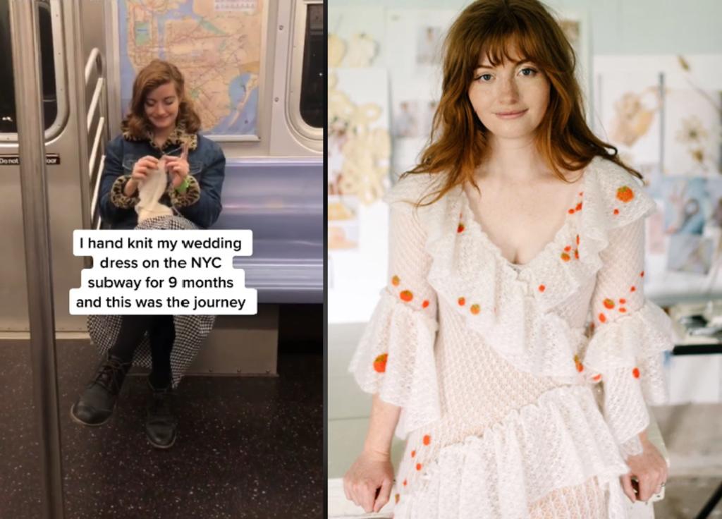Novia pasa 9 meses tejiendo su propio vestido de boda mientras viaja en metro