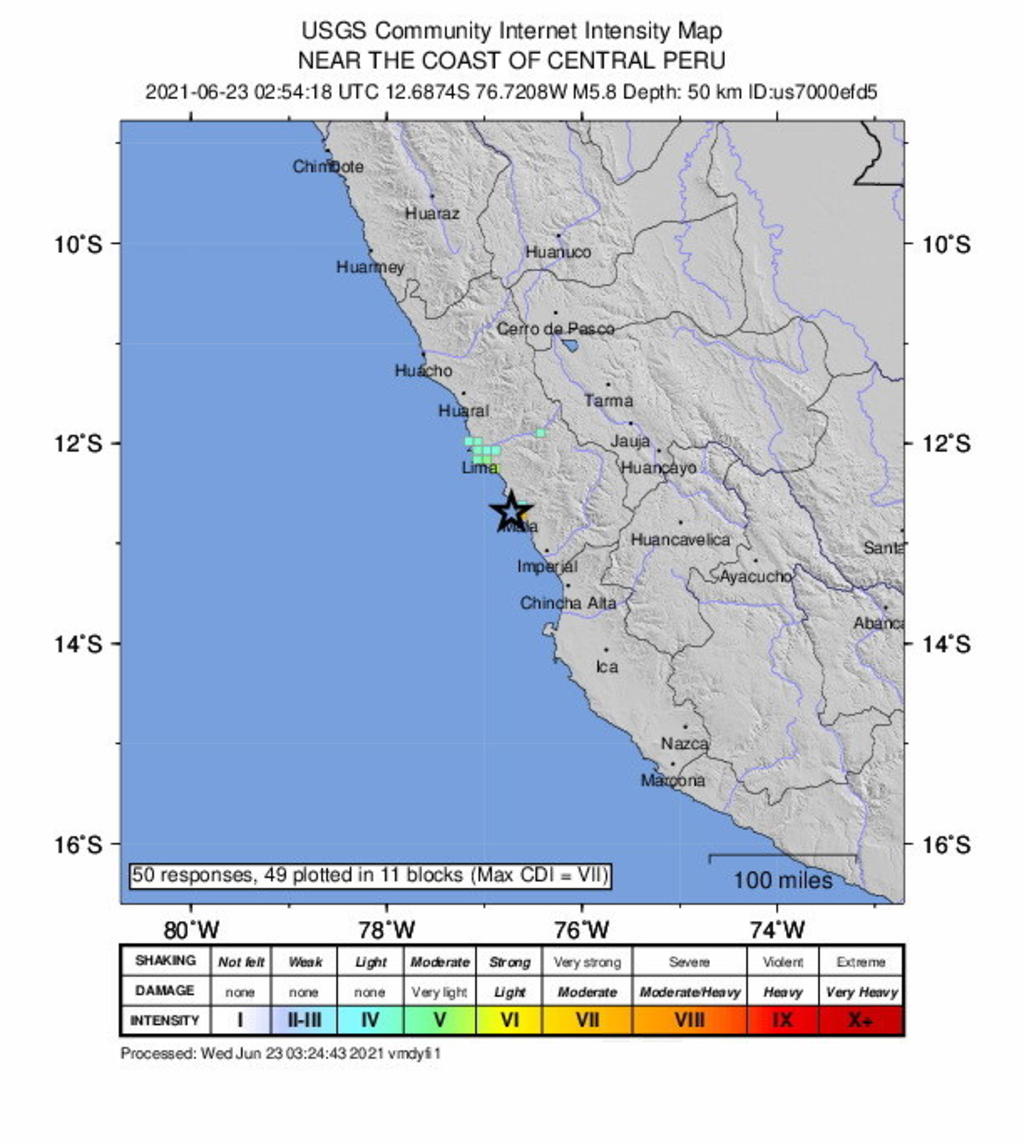 Sismo de magnitud 5.8 remece costa de Perú