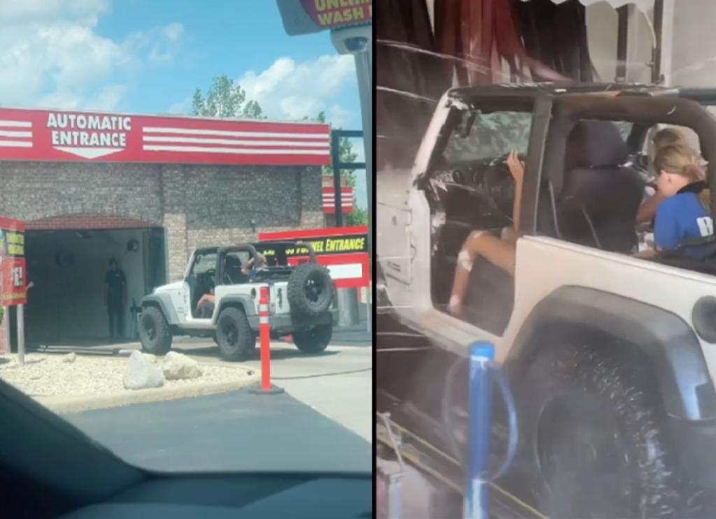 Jeep sin puertas ni ventanas entra a un lavado de autos