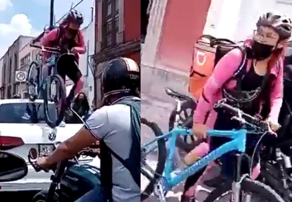 Repartidora de comida pasa encima de automóvil que no respetó ciclovía en Querétaro