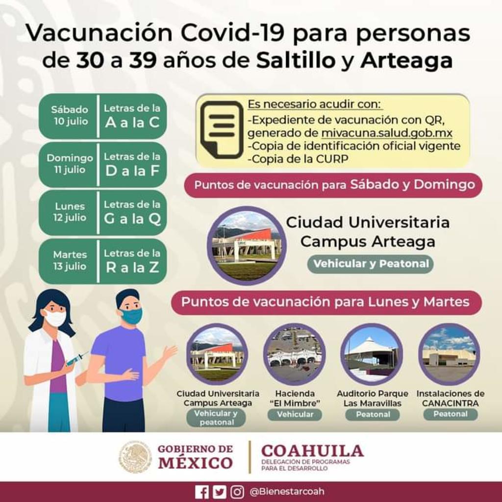 Saltillo anuncia vacunación antiCOVID para población de 30 a 39 años