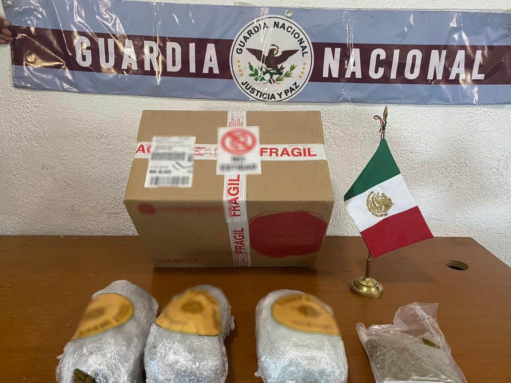 Guardia Nacional incauta paquete con aparente marihuana en hierba y polvo en paquetería de Saltillo