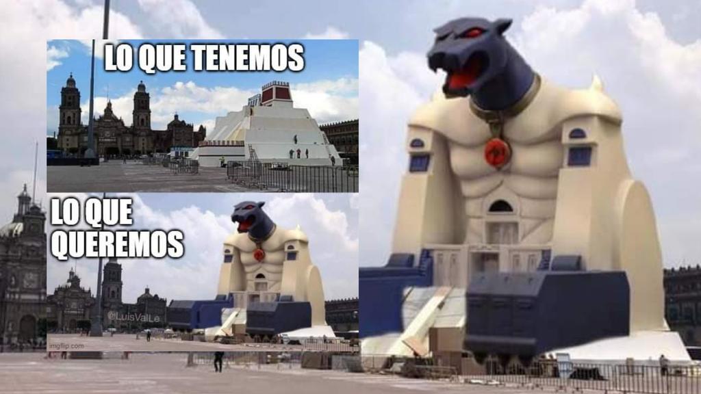 Maqueta de El Huey Teocalli desata memes del Cubil Felino en el Zócalo Capitalino