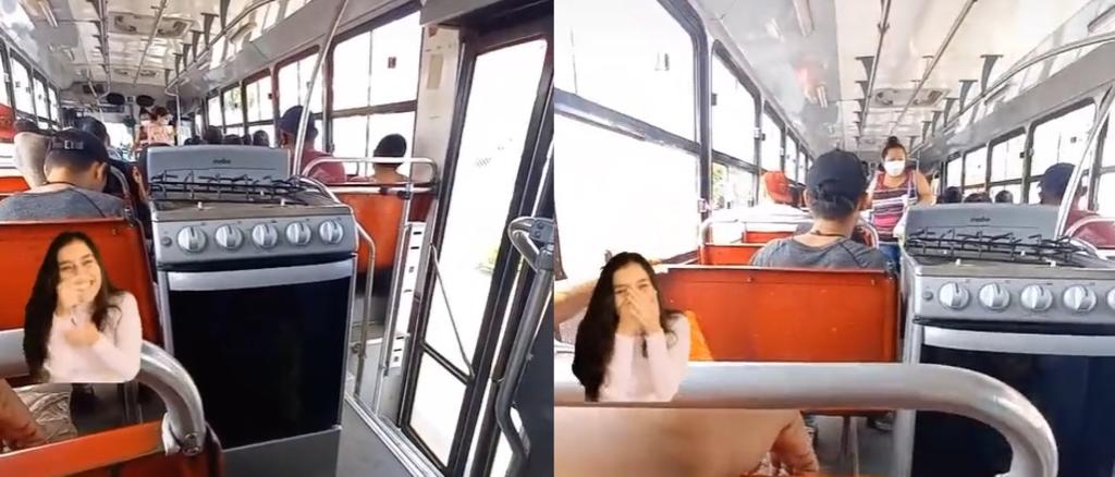 Hombre viaja con una estufa en autobús y se vuelve viral