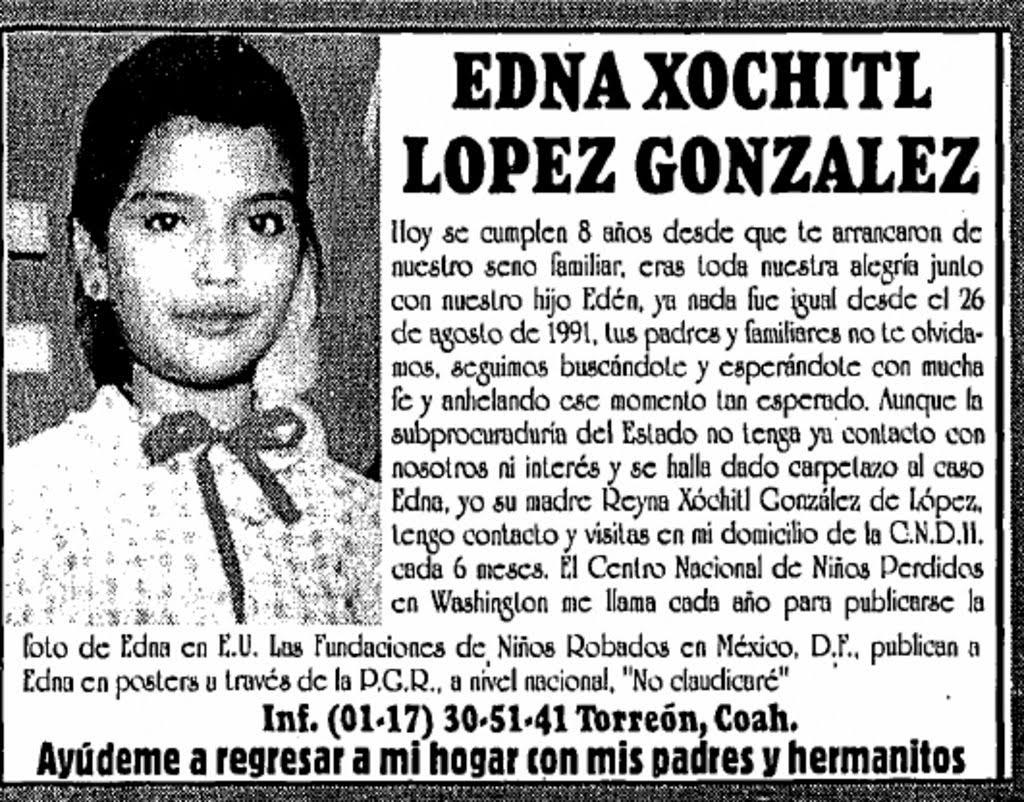 A 30 años de su desaparición en Torreón, así luciría Edna Xóchitl en la actualidad