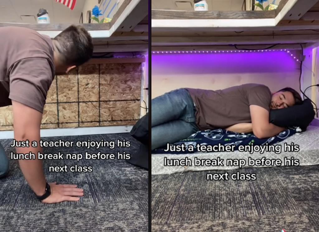 Profesor causa revuelo al construirse una ‘cama’ debajo de su escritorio