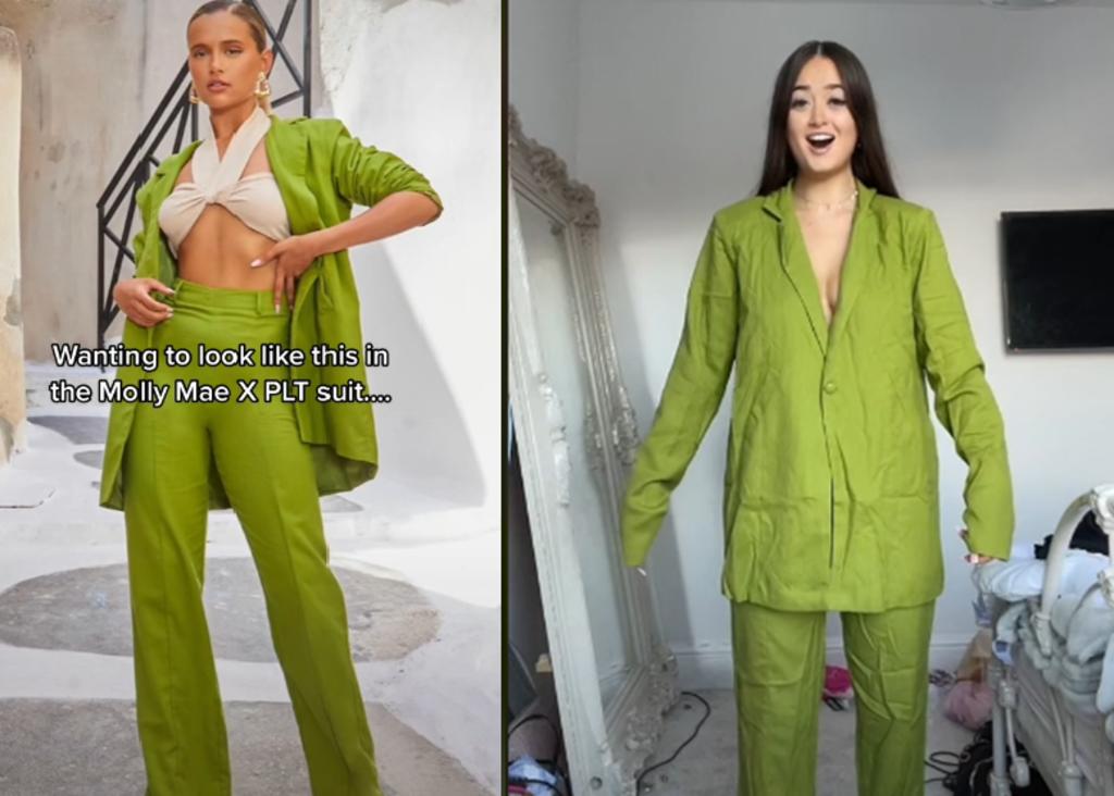 Mujer se ríe al comparar la ropa que compró por internet y lo que recibió