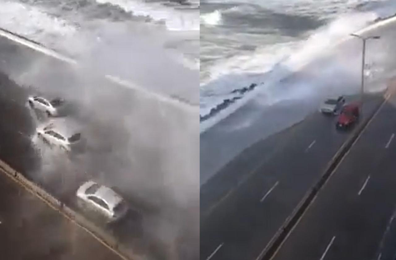 VIDEO: Olas 'sepultan' vehículos en Veracruz por fuertes vientos