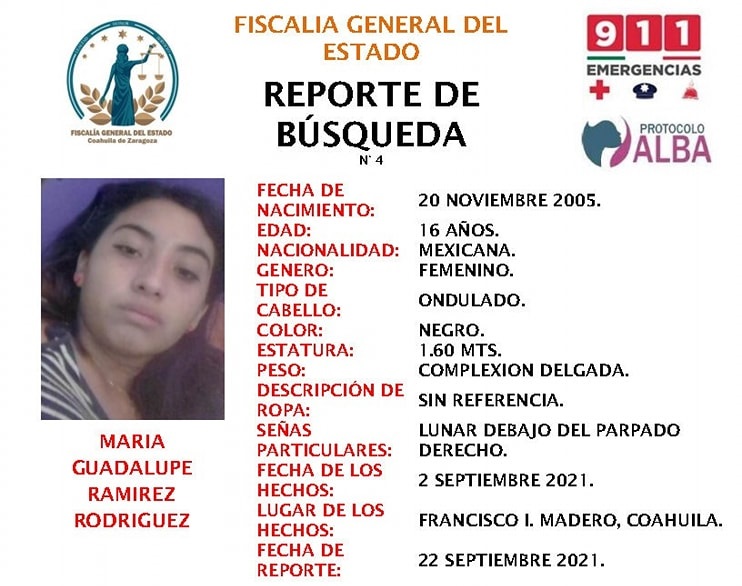 Piden colaboración para localizar a jovencita desaparecida en Francisco I. Madero