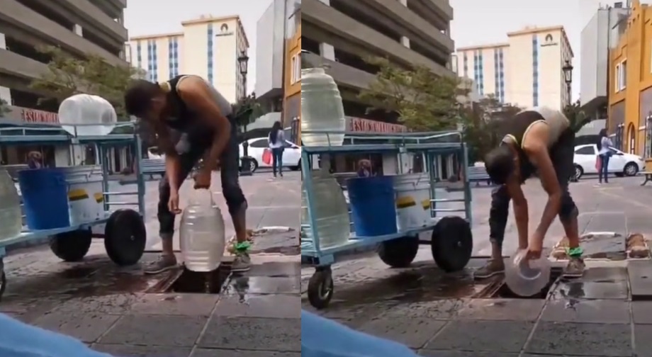 VIDEO: Captan a 'vendedor' de aguas frescas rellenando vitroleros con agua de coladera