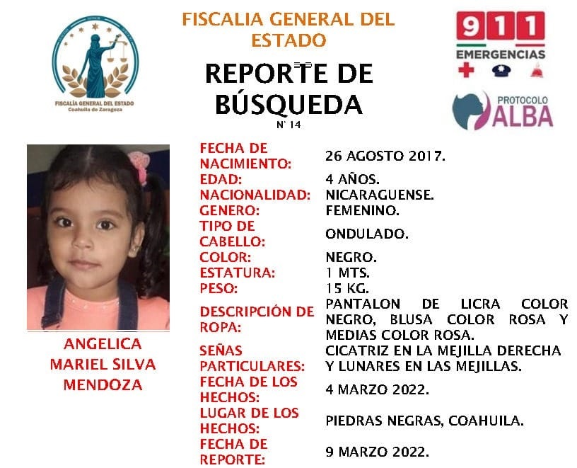Reportan como desaparecida a niña nicaragüense en Piedras Negras