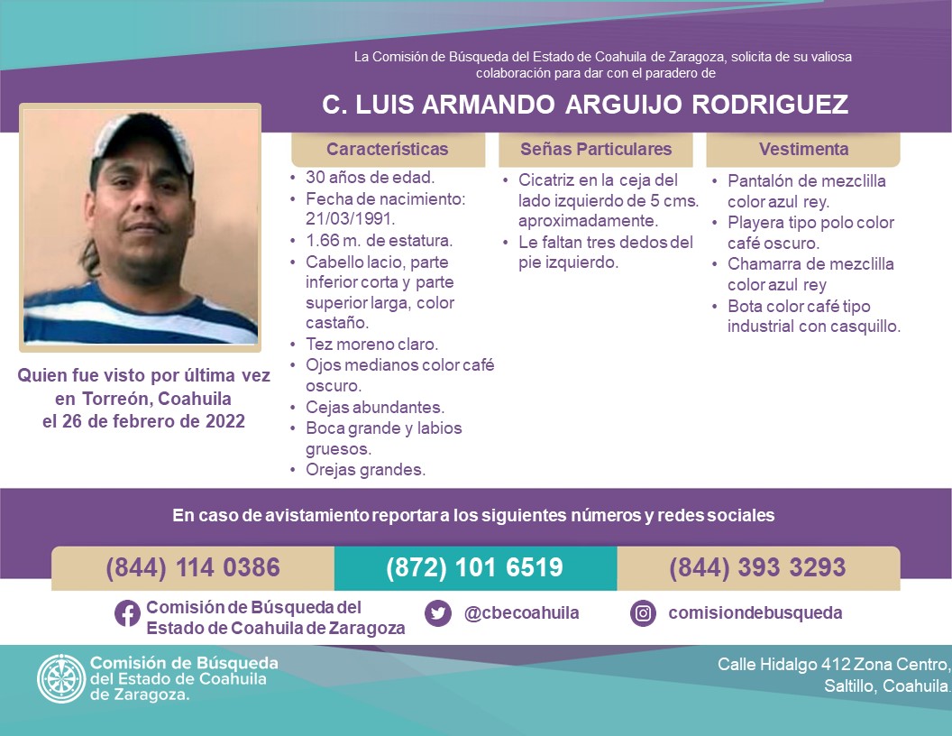 Piden colaboración para dar con paradero de Luis Armando Arguijo, desaparecido en Torreón