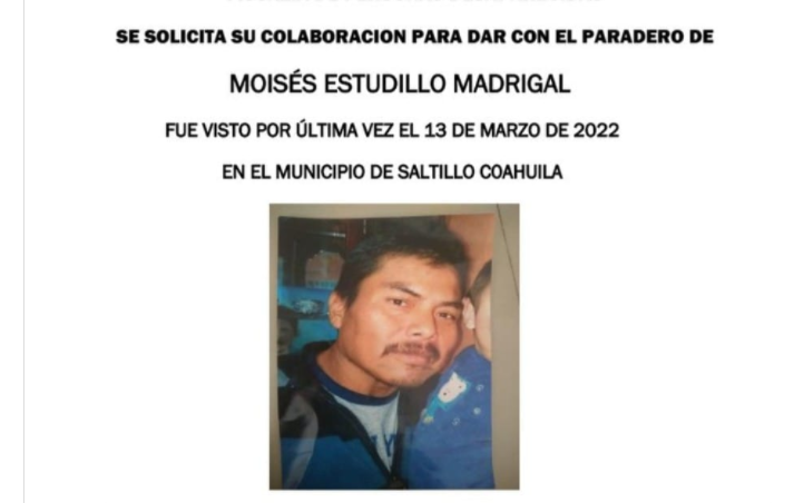 Reportan hombre de 45 años de edad desaparecido en Saltillo