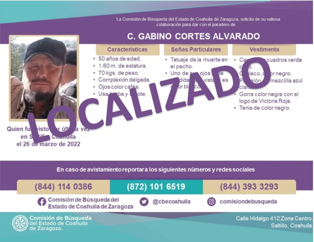 Localizan a hombre desaparecido de Saltillo en estado de Zacatecas